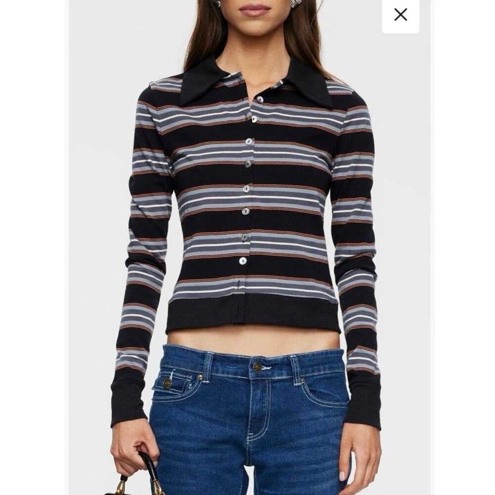 NWOT Lioness Bada Bing Stripe Jersey Cotton
Sweater in Noir Stripe SZ M